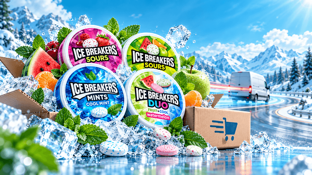 Кутии ICE BREAKERS, кашон и камион на заснежен път