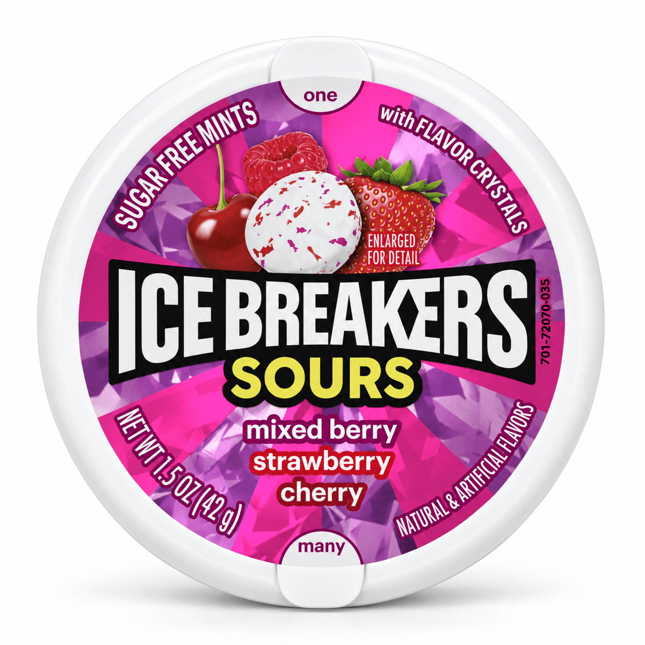 ICE BREAKERS Sours Mixed Berry 42 g, розова кръгла кутия на бял фон