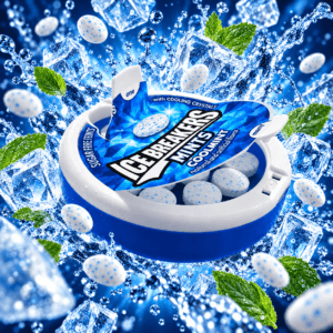Отворена синя кутия ICE BREAKERS Coolmint с бонбони, ледени кубчета и листа мента